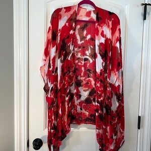 Red floral soft lightweight viscose kimono caftan beachy swimcover boho one size